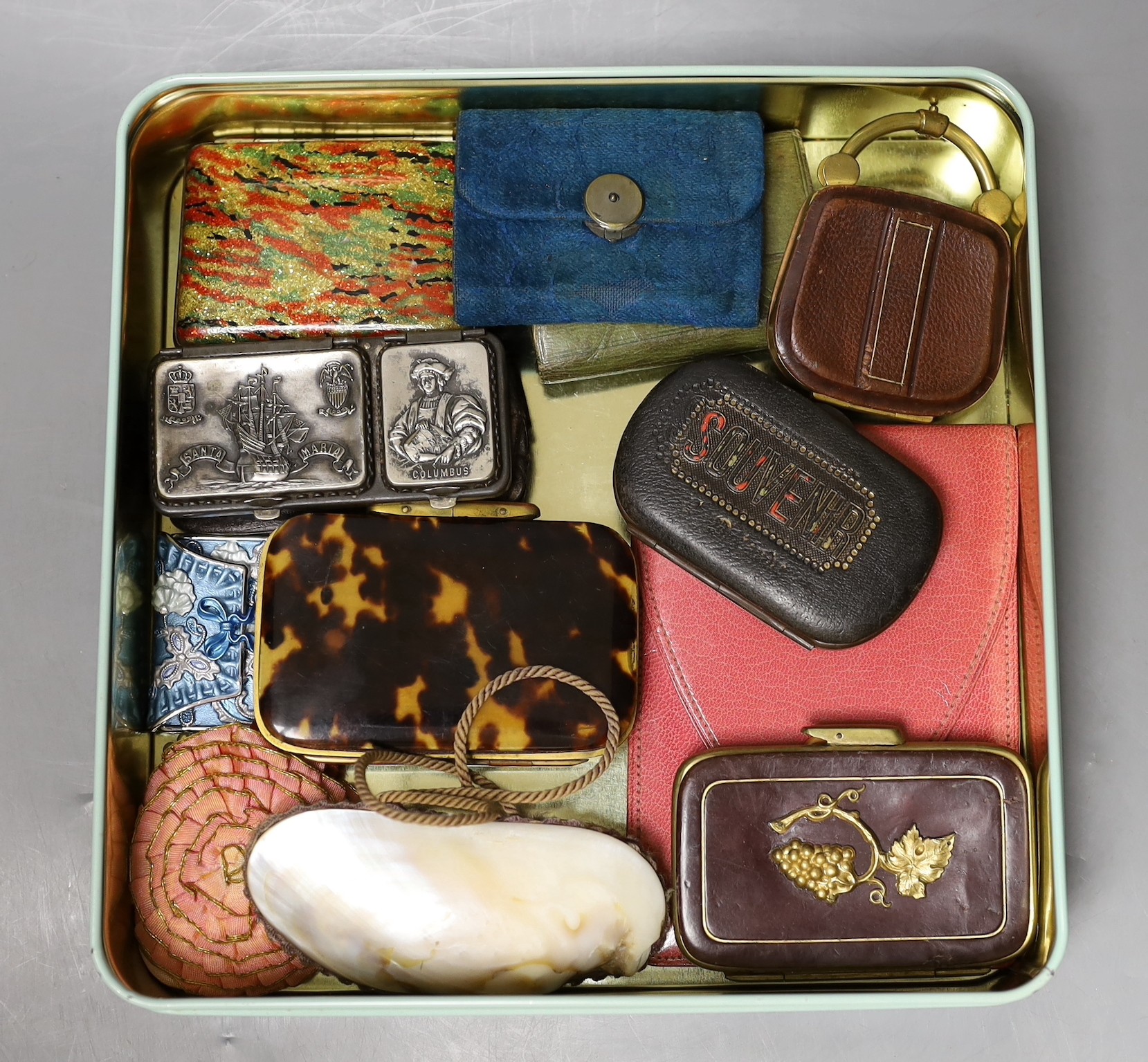 A collection of thirteen 19th century and 20th century ladies purses, one Morocco leather, five other leather purses, a shell purse, velvet embroidered purse and five others